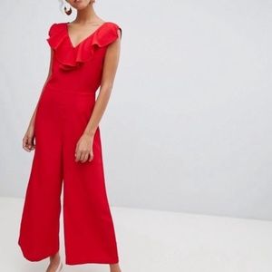 ASOS Bright Red Ruffle Neckline Jumpsuit Romper